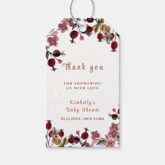 Elegante blühende Wildblume Berry Baby Shower Geschenkanhänger (Vorderseite)