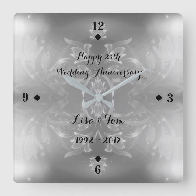 Elegante Blume 25. Silver Wedding Jubiläum Quadratische Wanduhr (Vorderseite)
