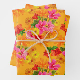 Elegante Blume auf Orange Geschenkpapier Set