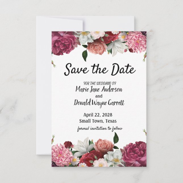 Elegante Blume aus Burgund und Rosa Save The Date (Vorderseite)
