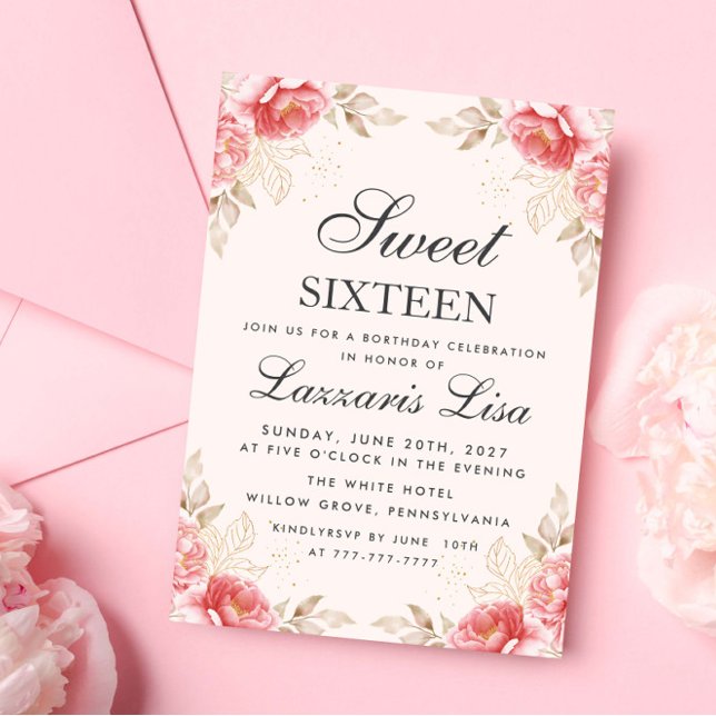 Elegante Blume Birthday Gold Sweet 16 Einladung (Von Creator hochgeladen)