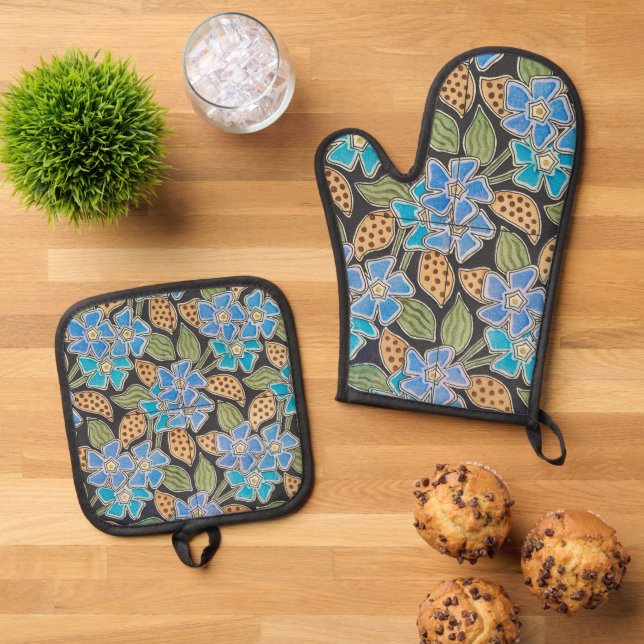 Elegante Blume Blue Periwinkle Floral Classic Ofenhandschuh & Topflappen-Set (Oben Unten)