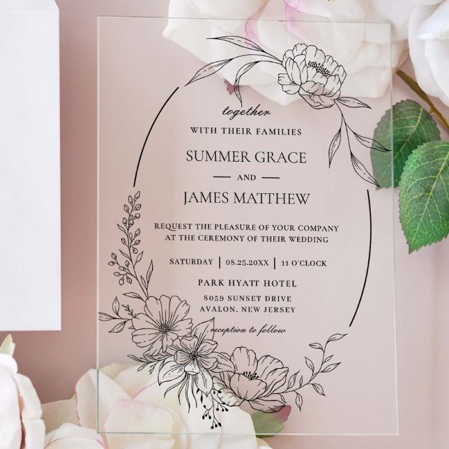 Elegante Blume Botanische Linie Hochzeit Acryleinladungen (Von Creator hochgeladen)