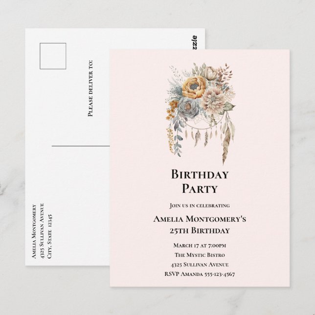 Elegante Blume Bouquet mit Dreamcatcher Geburtstag Postkarte (Vorne/Hinten)