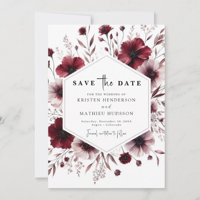 Elegante Blume Burgundy Wedding Save The Date (Vorderseite)