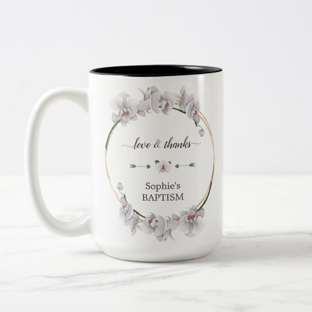 Elegante Blume der weißen Orchidee Blühen Taufe Zweifarbige Tasse (Links)