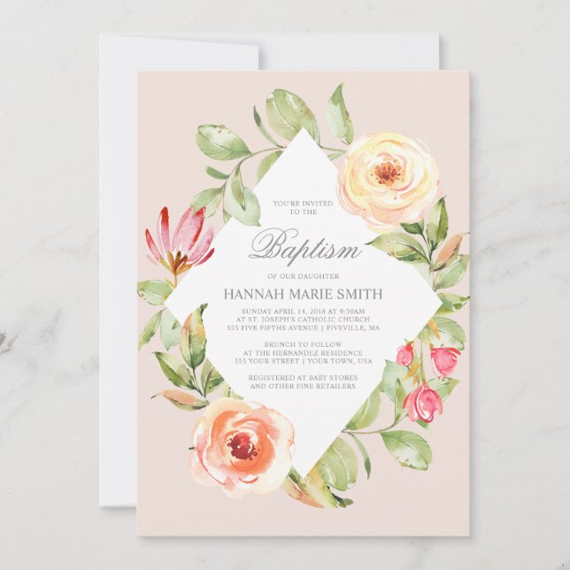 Elegante Blume Diamantpfirsich Taufe Einladung (Vorderseite)