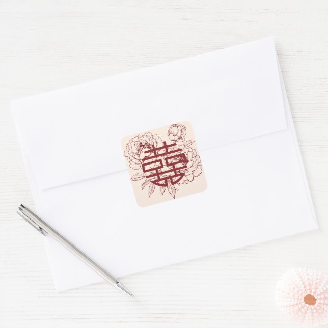 Elegante Blume Double Xi Chinese Wedding Square St Quadratischer Aufkleber (Umschlag)
