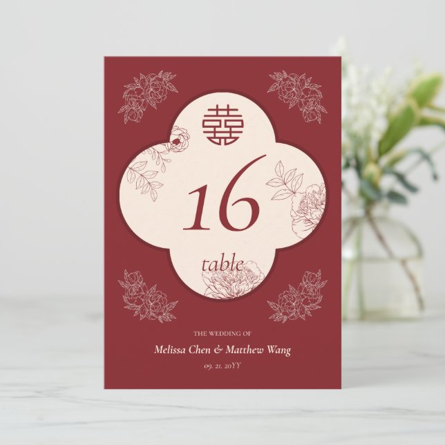 Elegante Blume Double Xi Wedding 12x18 Tischnummer (Stehend Vorderseite)