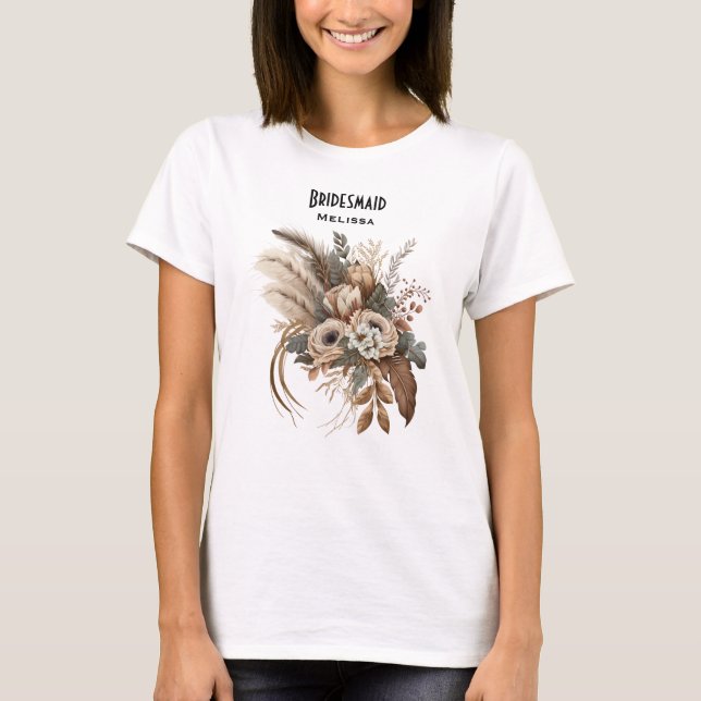 Elegante Blume Foliage und Feathers Bridesmaid T-Shirt (Vorderseite)