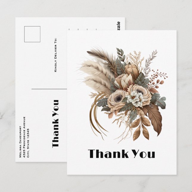 Elegante Blume Folien und Feathers Vielen Dank Postkarte (Vorne/Hinten)