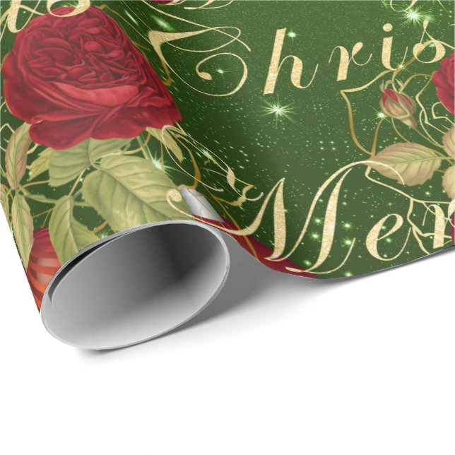 Elegante Blume Frohe Weihnachtsgold Glitzer grün Geschenkpapier (Rolleneckpunkt)
