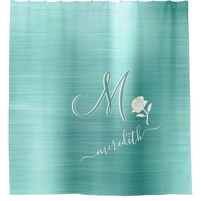 Elegante Blume für Aquamarine Monogrammnamen Duschvorhang (Vorderseite)