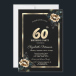 Elegante Blume Gold Frame Black 60. Geburtstag Einladung<br><div class="desc">Moderne,  schicke und glamouröse Einladung mit eleganten Rose auf schwarzem Hintergrund.</div>