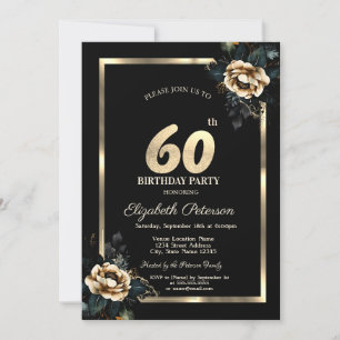 Elegante Blume Gold Frame Black 60. Geburtstag Einladung