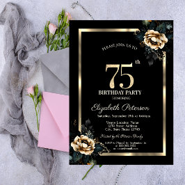Elegante Blume Gold Frame Black 75. Geburtstag Einladung