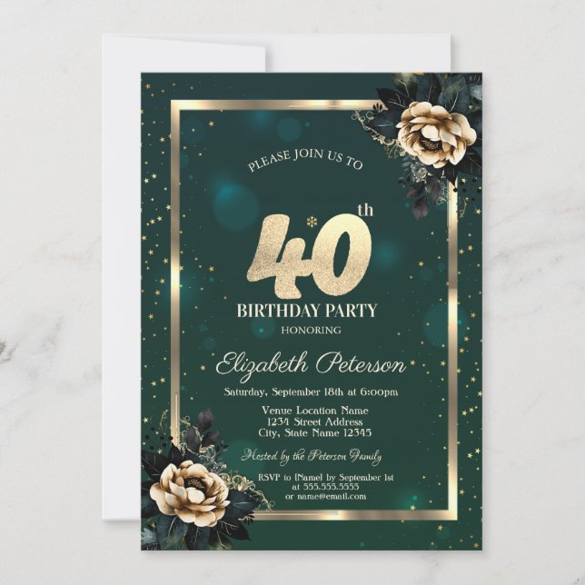 Elegante Blume Gold Frame Stars Green 40. Einladung (Vorderseite)