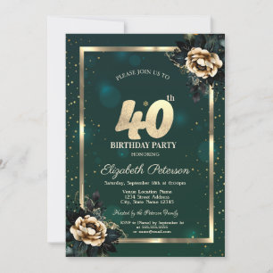 Elegante Blume Gold Frame Stars Green 40. Einladung