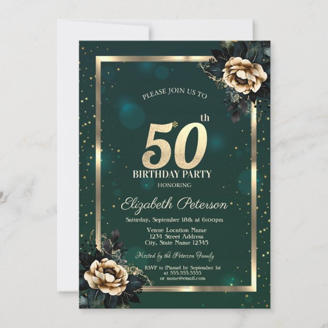 Elegante Blume Gold Frame Stars Green 50. Einladung (Vorderseite)