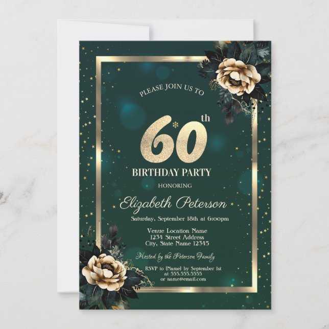 Elegante Blume Gold Frame Stars Green 60. Einladung (Vorderseite)