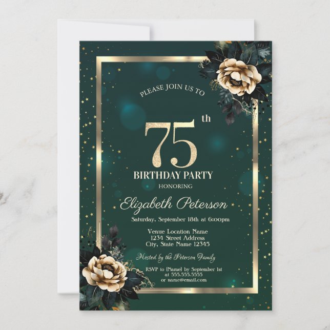 Elegante Blume Gold Frame Stars Green 75. Einladung (Vorderseite)