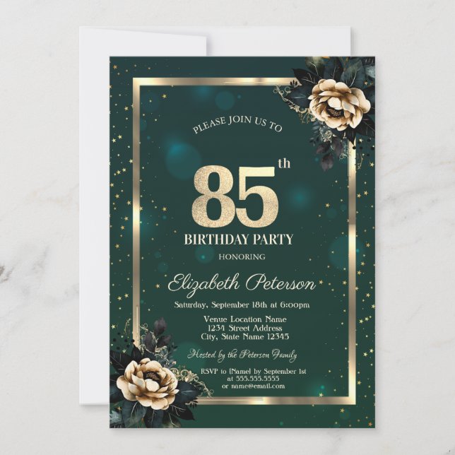 Elegante Blume Gold Frame Stars Green 85. Einladung (Vorderseite)