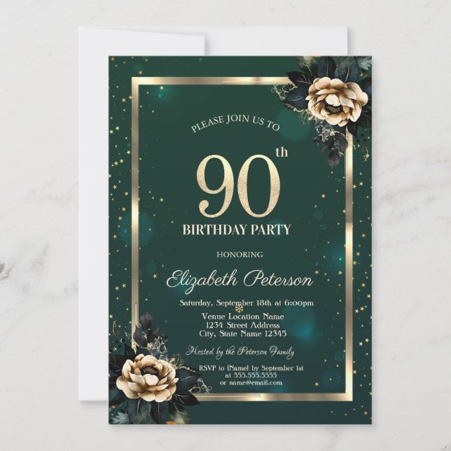 Elegante Blume Gold Frame Stars Green 90. Einladung (Vorderseite)