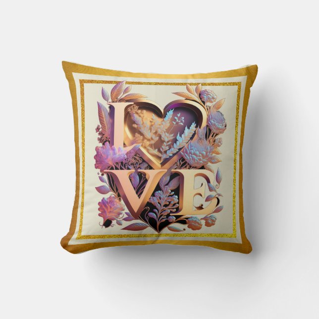 Elegante Blume, Herz und Goldene Liebe Kissen (Vorderseite)
