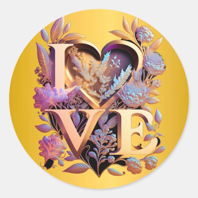 Elegante Blume, Herz und Goldene Liebe Runder Aufkleber (Vorderseite)