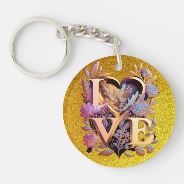 Elegante Blume, Herz und Goldene Liebe Schlüsselanhänger (Vorderseite)