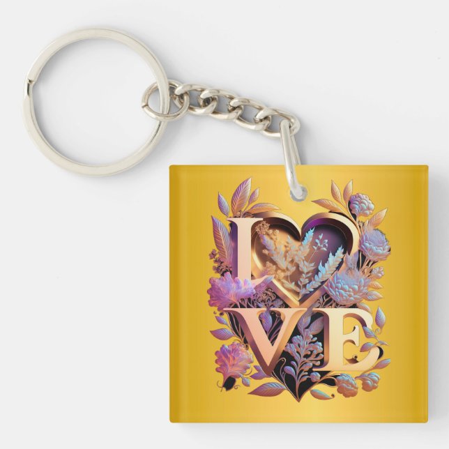 Elegante Blume, Herz und Goldene Liebe Schlüsselanhänger (Vorderseite)