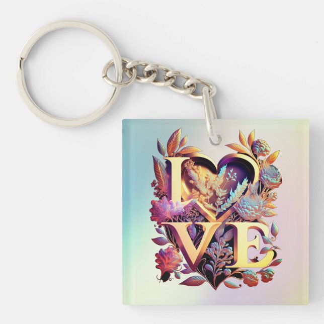 Elegante Blume, Herz und Goldene Liebe Schlüsselanhänger (Vorderseite)