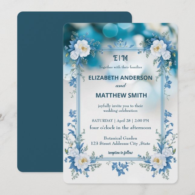 Elegante Blume Hochzeit Biue & White Overlay Einladung (Vorne/Hinten)