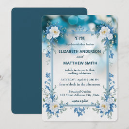 Elegante Blume Hochzeit Biue & White Overlay Einladung