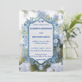 Elegante Blume Hochzeit Biue & White Overlay Einladung