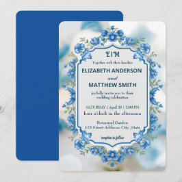 Elegante Blume Hochzeit Biue & White Overlay Einladung