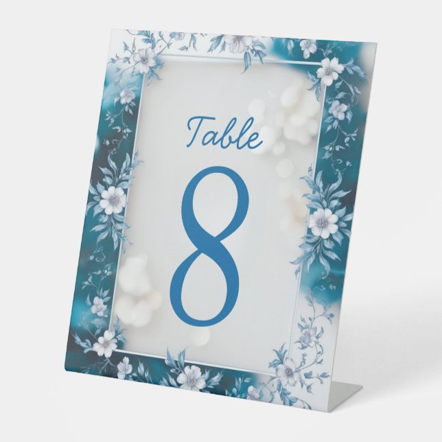 Elegante Blume Hochzeit Biue & White Overlay Sockelschild (Vorderseite)