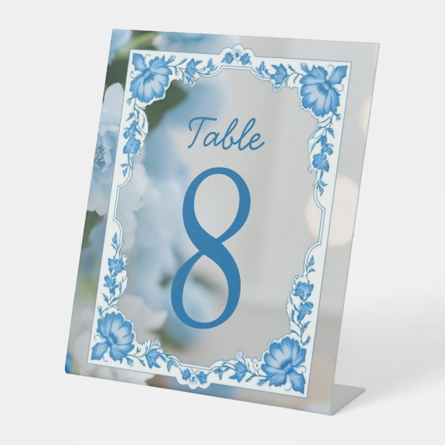 Elegante Blume Hochzeit Biue & White Overlay Sockelschild (Vorderseite)