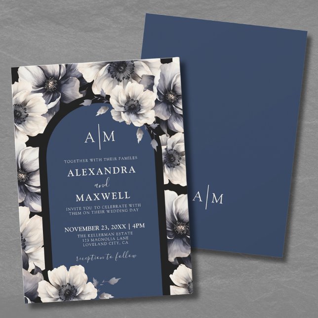 Elegante Blume Hochzeit von Navy Blue Floral Einladung (Elegant Flowers Navy Blue Floral Wedding Invitation)