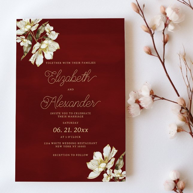 Elegante Blume in Bordeaux Einladung (Elegant classic burgundy gold flowers Wedding )