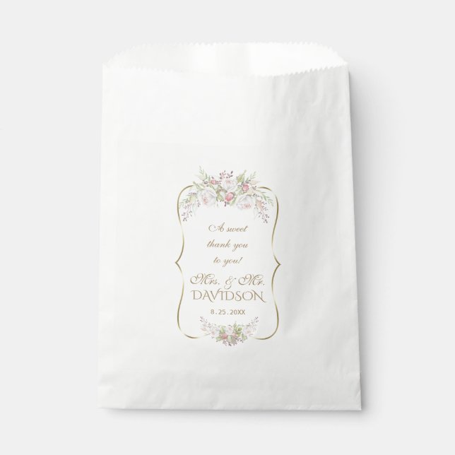 Elegante Blume in Rosa Goldrahmen Hochzeit Geschenktütchen (Vorderseite)
