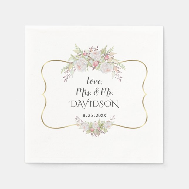 Elegante Blume in Rosa Goldrahmen Hochzeit Serviette (Vorderseite)