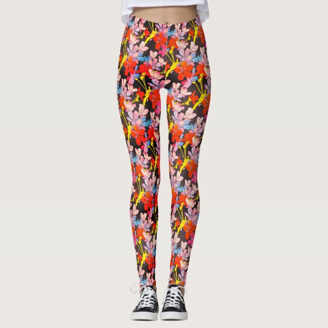 Elegante Blume in Rot-Gelb-Blau Leggings (Vorderseite)