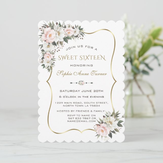 Elegante Blume in Weiß Rosa Goldrahmen Sweet 16 Einladung (Stehend Vorderseite)