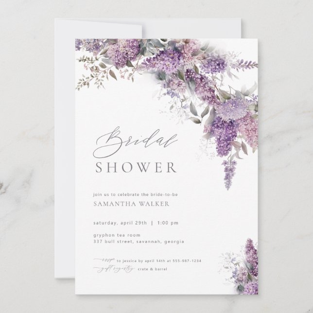 Elegante Blume Lilac Bridal Dusche Einladung (Vorderseite)