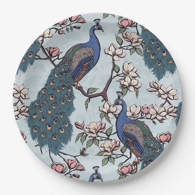 Elegante Blume Peacocks & Magnolia Pappteller (Vorderseite)