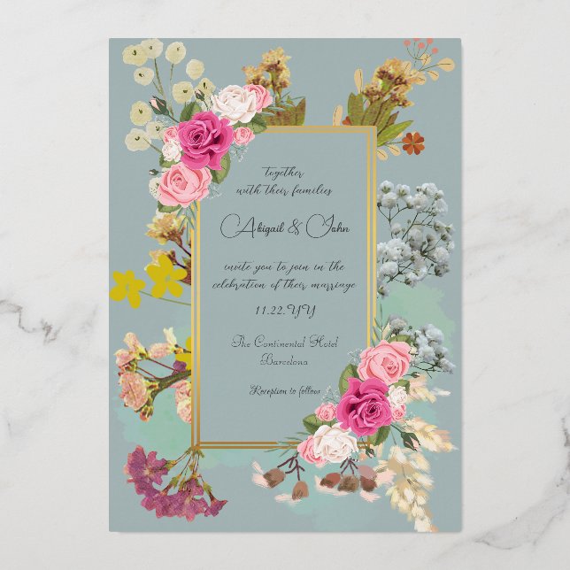 Elegante Blume Periwinkle Wedding Folieneinladung (Vorderseite)