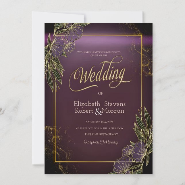Elegante Blume rahmen Lila Hochzeitseinladung Einladung (Vorderseite)