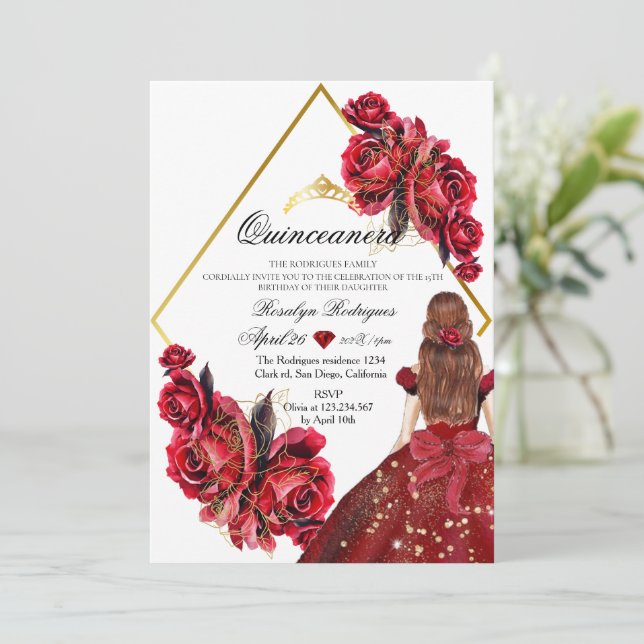Elegante Blume Rose Gold Quinveanera Einladung (Stehend Vorderseite)