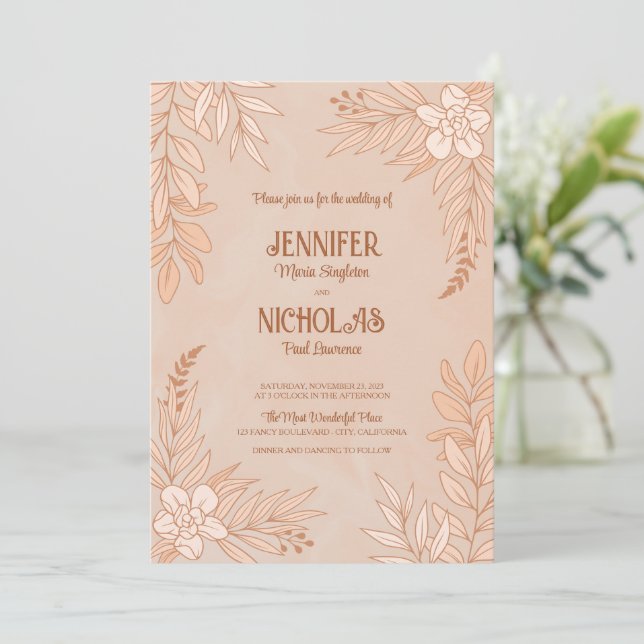 Elegante Blume und Blätter für Hochzeiten Einladung (Stehend Vorderseite)
